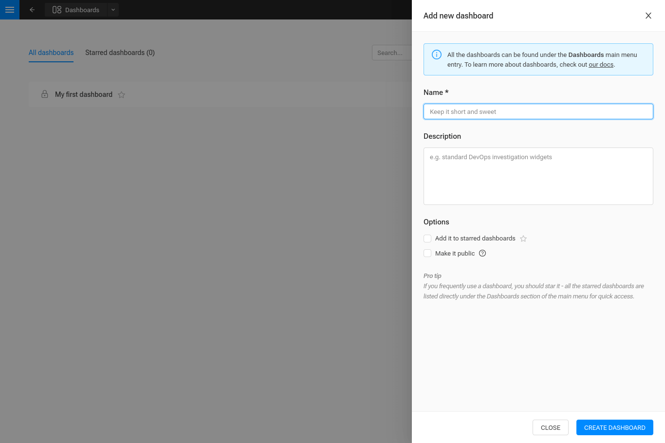 Create a new dashboard drawer